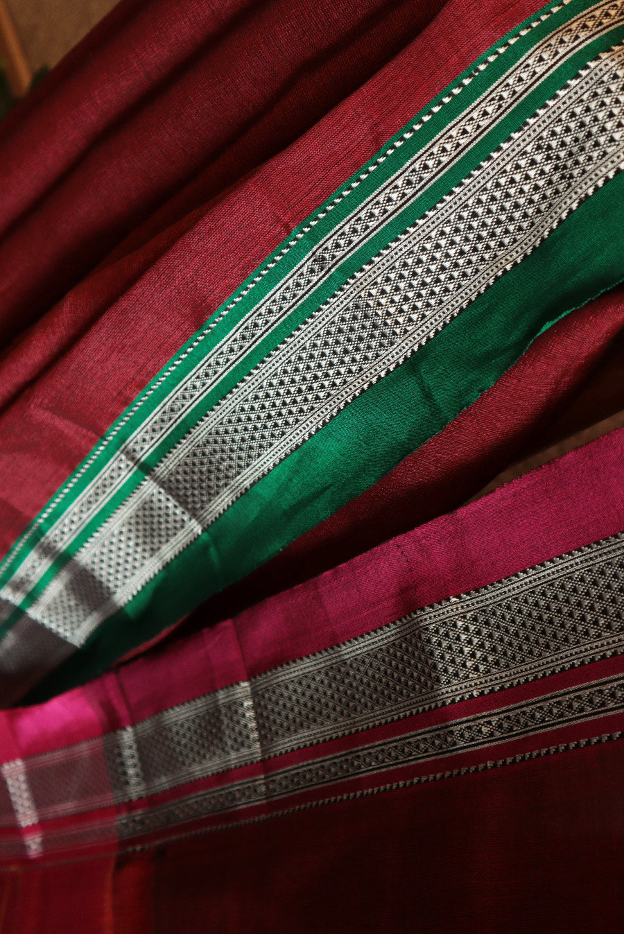 Maroon Ilkal with green and pink border (cotton)