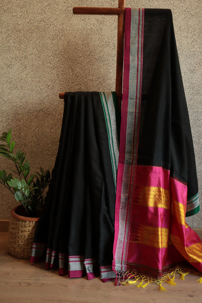 Black Ilkal with green and pink border (cotton)