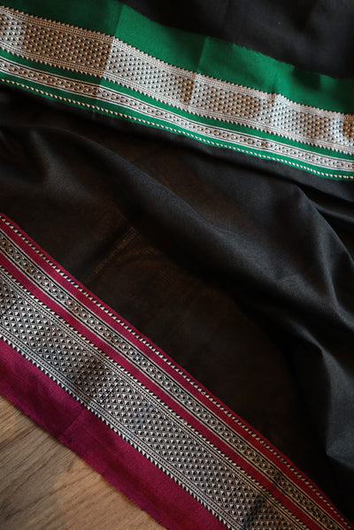 Black Ilkal with green and pink border (cotton)