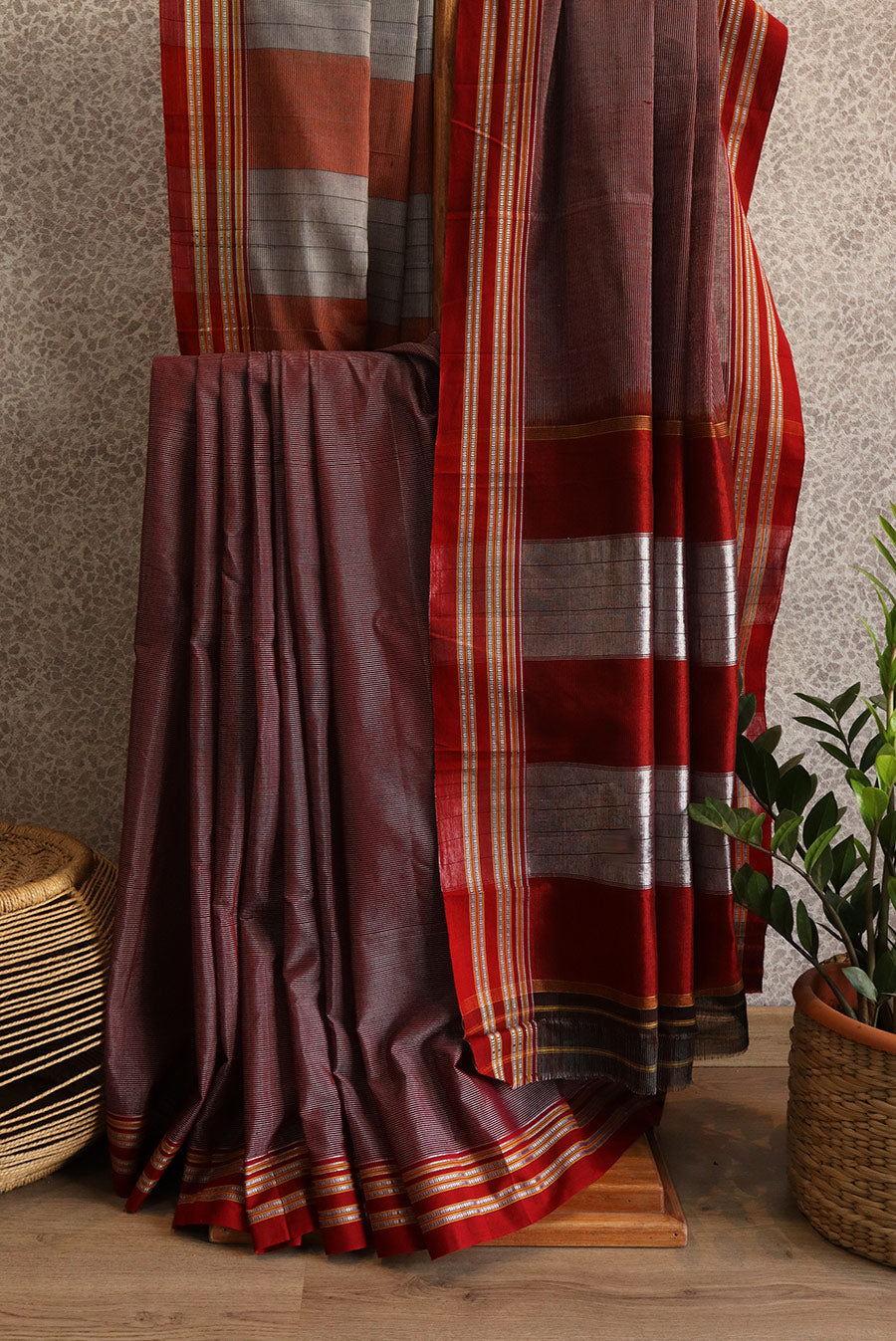 Brown Ilkal with maroon border (Mercerized cotton)