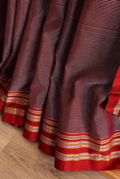Brown Ilkal with maroon border (Mercerized cotton)