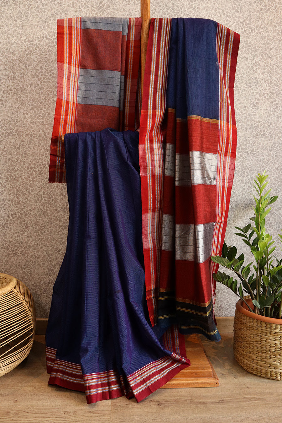 Blue Ilkal with maroon border (Mercerized cotton)