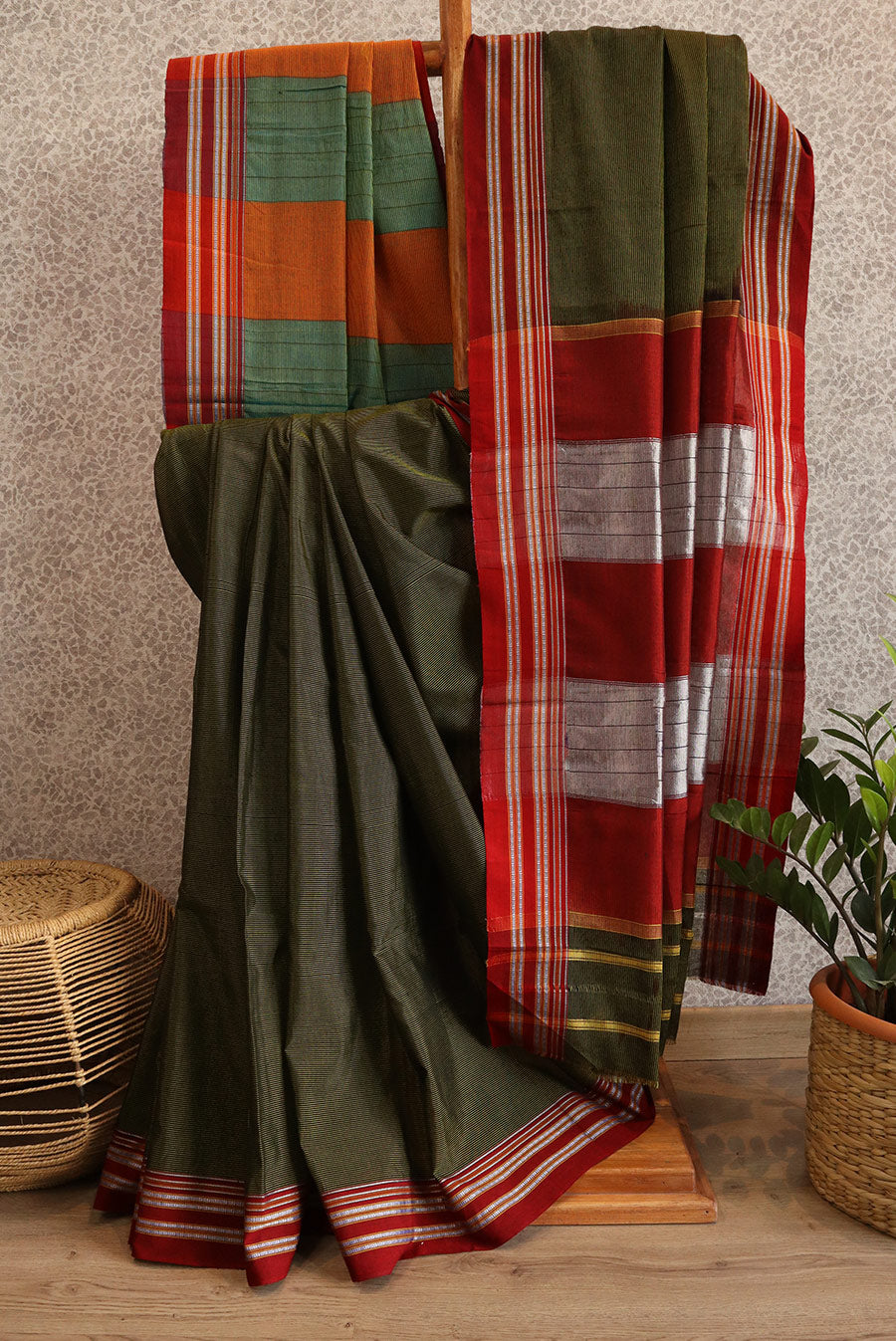 Olive green Ilkal with maroon border (Mercerized cotton)