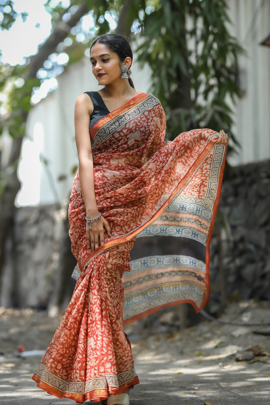 Bagru Print Chanderi Saree with Blouse Piece in Gerua Shades - Joypur  Fashions